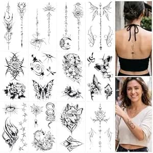 Airnogo 12 Sheets Temporary Tattoos For Adult, Mixed Minimalist, Realistic Sketch, Dark Styles, Fake Tattos For Women & Teen Girls, Waterproof Body Art Temporary Tattoo Stickers For Arm Spine Hand Leg