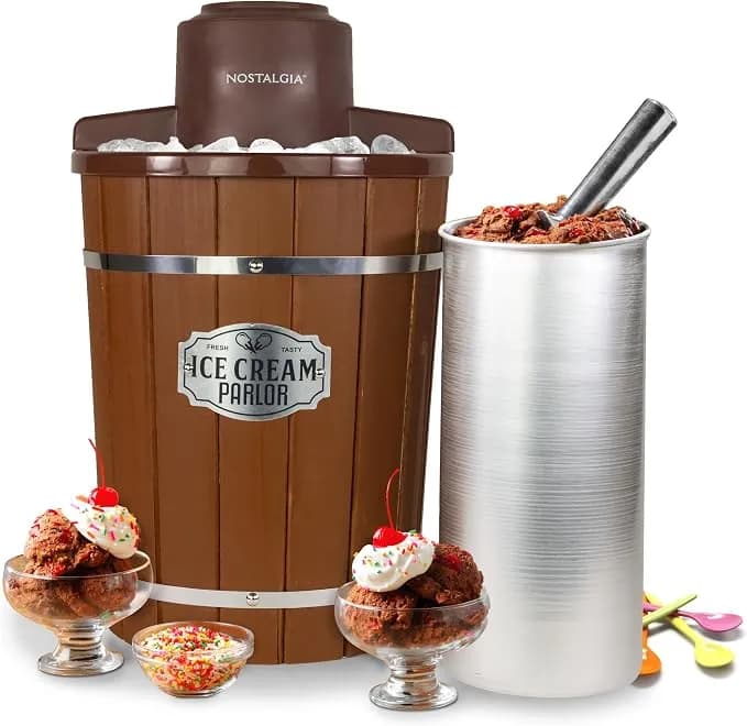 Nostalgia Electric Ice Cream Maker With 6 Qt Capacity - Old Fashioned Ice Cream Machine Makes Frozen Yogurt Or Gelato In Minutes- Vintage Wooden Style Ice Cream Maker With Aluminum Canister- Dark Wood