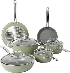 Sur La Table Kitchen Essentials 10 Piece Pfa Free Non-Toxic Titanium Ceramic Nonstick Interior Forged Aluminum Cookware Pots And Pans Set - Green - Induction Compatible