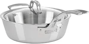 Viking Contemporary 3-Ply Deep Frying Pan With Glass Lid, 3.6 Quart Stainless Steel Saute Cooking Pot, Dishwasher And Oven Safe, Induction Ready, Silver