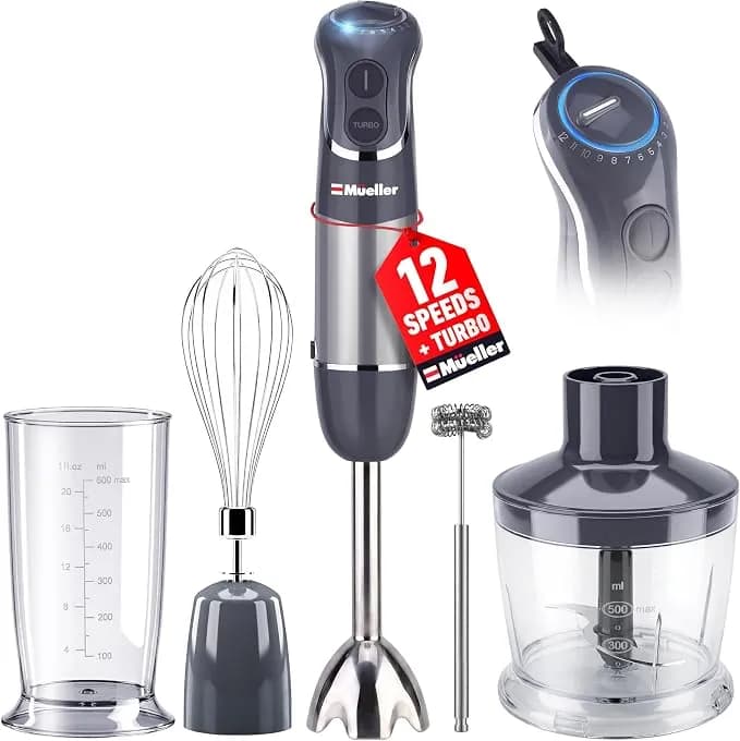 Mueller Multistick 5-In-1 Immersion Blender Handheld, 12-Speed Hand Mixer - Turbo Boost,Heaviest Duty Copper Motor,Titanium Reinforced Blades Hand Blender,Milk Frother Wand,Whisk,Beaker,Chopper,Grey