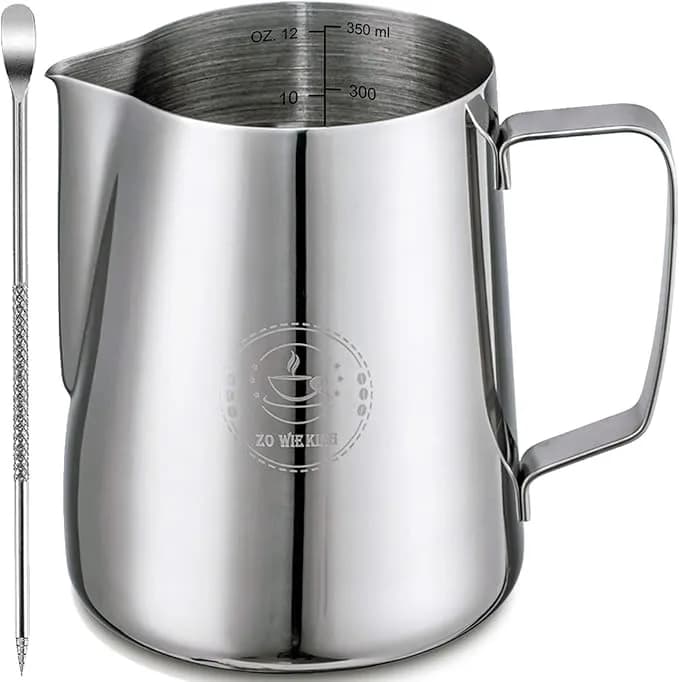 12oz Milk Frothing Pitcher, Stainless Steel Espresso Steamer Frother Cup - 350ml Metal Jug Includes Professional Latte Art Decorating Pen; Top Barista Accessories For Perfect Coffee Cappuccino Making