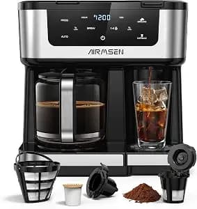 Airmsen 12-Cup Programmable Dual Coffee Maker – Single Serve Machine For K-Cup Pods & Ground, 1000w Fast Brew, Delay Start, 2h Keep Warm, Touchscreen, 60oz Tank, Glass Carafe – Home & Office