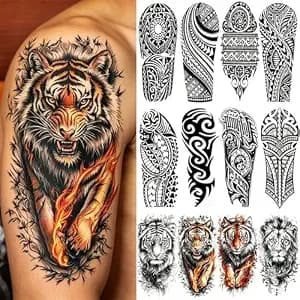 23 Pcs Half Sleeve Halloween Tribal Animal Temporary Tattoos For Adults - Includes 8 Sheets Realistic Flame Tiger Animal Temporary Tattoos And 15 Sheets Black Maori Tribal Polynesian Totems Stickers