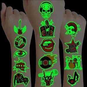 Glow In The Dark Rock And Roll Temporary Tattoos For Kids, 96 Pcs Pre-Cut - Luminous Super Cute Themed Birthday Party Favors Supplies Decorations, Music Fake Tattoos Gifts For Boys Girls