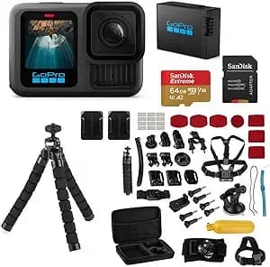 Gopro hero13 Black Waterproof Action Camera With 5.3k60 Video, 27mp Photos, Enduro 1900mah Battery, 64gb Sandisk Microsd Card, 47-Piece Accessory Kit, 1-Year Warranty