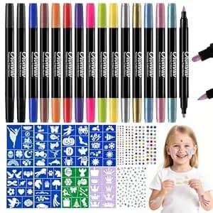 Oiomniv Temporary Tattoo Markers For Skin, 15pcs Body Markers Dual-End - 78 Tattoo Stencils Temporary 2 Face Gems Sticker, Glitter Matte Neon Tattoo Pens For Adults, Flexible Brush Tip, Skin Safe