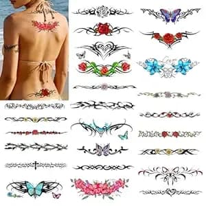 Roarhowl Temporary Tattoos For Women Sexy, 25-36 Designs, Waterproof, Classic And Floral Large-Sized, Roses, Butterflies Tattoo, Tribal Patterns, For Chest, Back, Waist Tattoos (Medium)