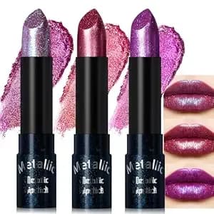 3pcs Burgundy Plum Deep Wine Metallic Lipstick For Women - Pigmented Long Lasting Shimmer Glitter Lipstick Lightweight Hydrating Bold Sparkling Lip Kit Full Coverage Daily/Party Makeup