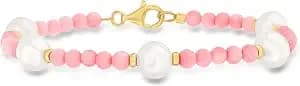 Ross-Simons 8.5-9mm Cultured Pearl And 4mm Pink Coral Bead Bracelet In 18kt Gold Over Sterling