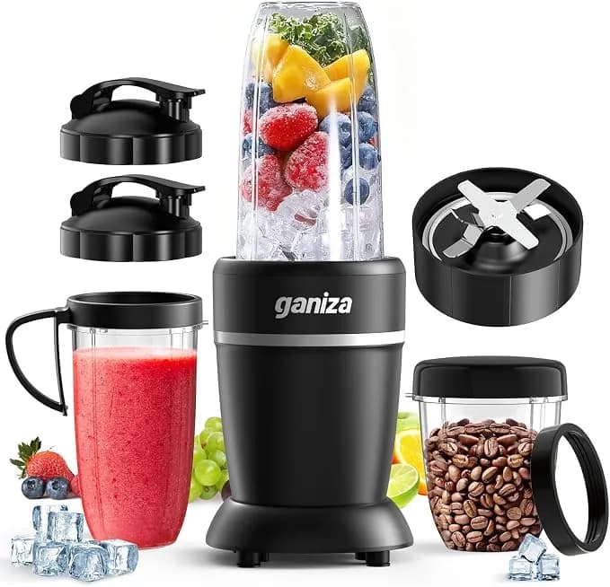 Ganiza Smoothie Blender Max 1300w, Personal Kitchen Blender & Grinder Combo - 23 Oz, (2) 37 Oz To-Go Cups, 6-Leaf Blade, Portable Maker For Smoothies, Shakes, Frozen Drinks, Sauces, Coffee Beans, Nuts