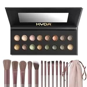 Kyda 16 Colors Baked Eyeshadow Earth Palette Kit, Neutral Earthy Tones Baked Powder Palette, Matte & Shimmer Finish, Rich Buildable Pigments, Soft Blendable Creamy With 13pcs Brushes
