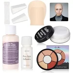 Go Ho Halloween Professional Bald Cap Sfx Kit - Complete 8-Piece Makeup Set With Latex (30ml),Water Based Acrylic Adhesive(10ml),6 Colors Flesh Palette,Loose Setting Powder,Bald Cap&Applicators