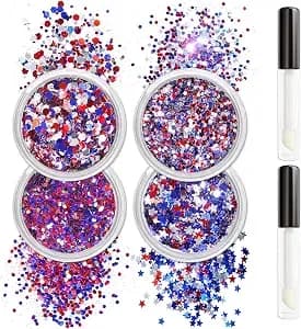 Allstarry Chunky Body Glitter 4 Colors Patriotic Face Makeup Glitter - Independence Day Hair Sequins Sparkle Veterans Day Eye Flakes 4th Of July Accessories For Olympics Party Women Face Paint