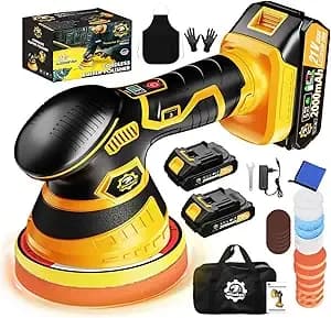 Cordless Car Buffer Polisher Kit, Da Polisher With 2*21v Batteries - 2x 21v 2000mah Batteries, 6-Speed, Led Display, Random Orbital, 18 Pcs Assorted Polishing Pads For Car Detailing-Yellow
