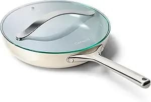 Caraway Nonstick Ceramic Frying Pan With Glass Lid (2.7 Qt, 10.5") - Non Toxic, Ptfe & Pfoa Free - Oven Safe & Compatible With All Stovetops (Gas, Electric & Induction) - Cream