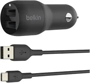 Belkin 24 Watt Dual Usb Car Charger - 2 12w Usb A Ports With Usb-C Cable For Fast Charging Apple Iphone 14, 14 Pro, 14 Pro Max, Iphone 13, Samsung Galaxy, Airpods & More - Usb-C Charger - Fast Charging, Two 12w Usb-A Ports, Compatible With Iphone 14 Serie