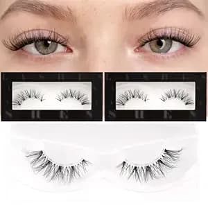 Veleasha Wispy Lashes Natural Look Eyelashes With Clear Band 2 Pairs Pack - Clear Thin Band, Ultra-Soft & Lightweight, 6-15mm Cat Eye Lashes, Handmade High Quailty, For Clean Girl Makeup