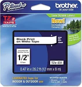 Brother tze231 Laminated Labeling Tape, For Tz Models, 1/2-Inch, Black/White