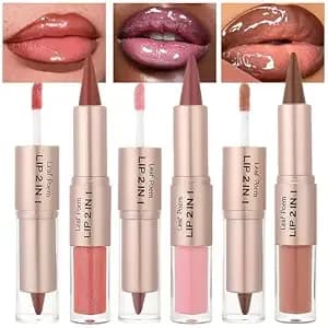 3 Pcs Lip Liner And Gloss Set, 2 In 1 Ombre Lipstick Kit, #4 5 6 - Dual-Ended Lipstick Combo, Red Nude Matte Lip Liner And Gloss, Caramel Brown Ombre Look, Defined Fuller Looking, Non-Sticky