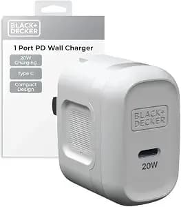 Black+Decker Gan Pd Wall Charger, 1-Port 20w Type C Wall Plug, Compact Power Block Usb C, Type-C Fast Charging For Iphone 17/16/15 Usbc Charging Block Perfect For Home, Office, Travel