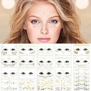 Zonon 20pcs Halloween Gold Glitter Freckle Face Tattoo For Concert Festival