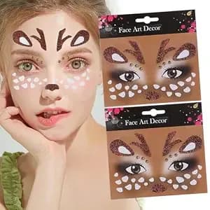 Cute Deer Face Stickers Christmas Deer Face Gem Stickers Glitter Antlers Temporary Sticker Animal Eye Sticker Red Diamonds Design Children Adult Face Eye Accessories For Christmas Makeup Party(A)