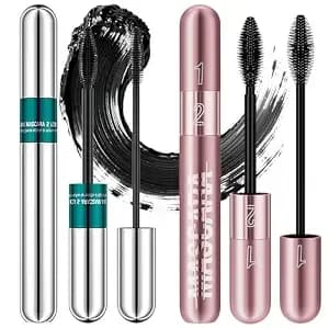 2-In-1 4d Silk Fiber Mascara 2pcs,Waterproof Smudge Proof Black Lash Makeup - Lengthen&Thicken Dual Function Formula,Clump-Free Long Wear Silk Fiber Lashes,Zero Flaking,Full Natural Voluminous Makeup Set