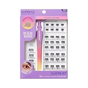 Kiss Impress Falsies Self Adhesive Eyelashes, Press On Lashes, 12mm-14mm Glam Volume Lashes, Black, No Glue Needed, Invisible Band, 36 Lash Clusters & Non-Stick Applicator - Voluminous