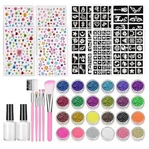 Temporary Glitter Tattoos Kit For Adults 24 Body Glitter, 2 Glue, 5 Brushes, 166 Stencils, 4 Diamond Stickers Halloween Christmas Makeup Kit Birthday Party Festival Supplies