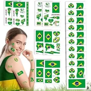 104 Pcs World Soccerg Lass Temporary Tattoos, Brazil Flag Tattoo Stickers - 3 Sizes Waterproof Patriotic Flag Face Tattoos For Soccer Fans, Independence Day Celebration, Game Day Party Decorations