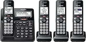 Panasonic Cordless Phone With Advanced Call Block, link2cell Bluetooth, One-Ring Scam Alert, And 2-Way Recording, Answering Machine, 4 Handsets - Kx-tgf944b (Black)