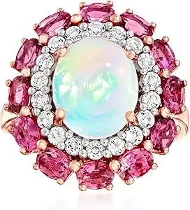Ross-Simons Ethiopian Opal, 1.50 Ct. T.W. Pink Tourmaline And .60 Ct. T.W. White Topaz Ring In 18kt Rose Gold Over Sterling