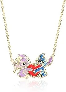 Disney Womens Stitch And Angel Heart Pendant Necklace 18" Official License, 18kt Gold Flash-Plated