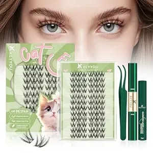 Keyyou Lash Clusters Kit Spiky Cat Eye Lashes 72pcs Wispy Natural Cat Style Lash Extension Kit With Bond And Seal,Applicators,Remover For Anime Diy Eyelash Extension Kit At Home（mc04）