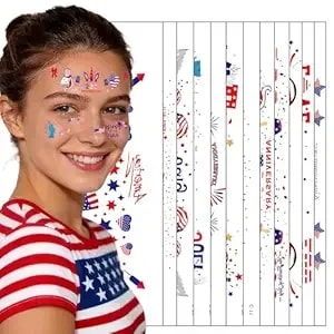 12pcs 250th Anniversary Usa Patriotic Red White And Blue Glitter Freckles Face Tattoo Makeup Patches-4th Of July Outfits Usa Independence Day Stars Freckles Arm Tattoos For Woman Kid.