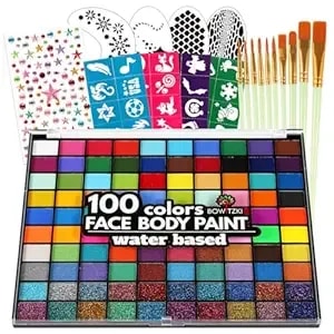 Bowitzki Face Paint Kit With 100 Colors, 8 Sheets Stencils, 20 Glitters,10 Brushes, 1 Sheet Gems, Water Based Face Painting Kit, Safe Professional Halloween Party Makeup Set