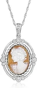 Ross-Simons Italian Orange Agate Cameo Pendant Necklace With .30 Ct. T.W. Czs In Sterling Silver