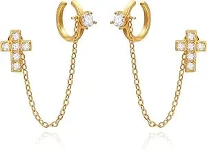 Cicy Bell Ear Cuff Earrings For Women Cubic Zirconia Stud Chain Earrings - 18k Gold Plated Clip On Climber Earrings Non Piercing Waterproof Jewelry Gifts Birthday Party