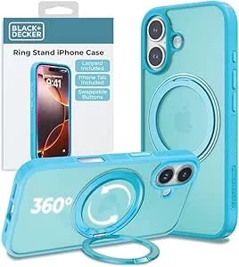 Black+Decker 360°Spin Magnetic Stand For Iphone 16 Plus Case, Compatible With Magsafe Protective Stylish For iPhone16 Plus Case For Women, Ostand Kickstand Rotatable, Lanyard, Extra Buttons, Blue