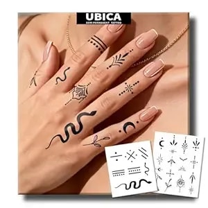 Semi Permanent Tattoos For Women, 2 Sheets Dainty Mini Tiny Fingers Temporary Tattoos, 2 Weeks Moon Star Leaf Floral Snake Lines Dots Fake Tattoos For Hand Neck, Waterproof & Non-Reflective