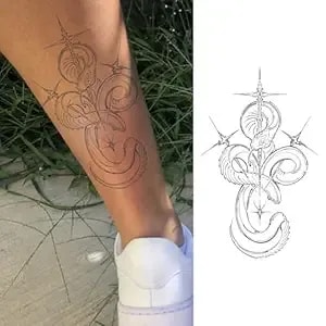 Snake & Dagger Temporary Tattoo, Fine Line Blackwork Symbolic Semi-Permanent Tattoo For Men & Women, Minimalist Line Art, Waterproof Body Art For Back, Calf & Arm