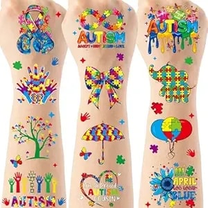 Autism Awareness Temporary Tattoos - 180+ Autism Tattoos, Inspirational Acceptance Party Favors For Teens Adults, School Community Event Accessories (8 Sheets)