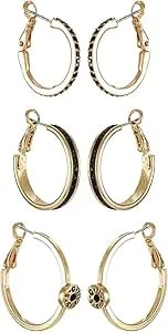 Guess Goldtone Black Glass Stone 3 Piece Hoop Earring Set
