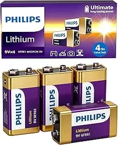 Philips 9v Lithium Battery (4 Pack) 1200mah Ultra High Capacity 9 Volt Lithium Batteries For Smoke Detectors, Security Systems, Keyless Entry Door Lock, Multimeter, Metal Detector