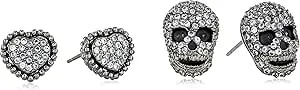 Betsey Johnson Cz Pave Heart & Skull Duo Set Of Stud Earrings