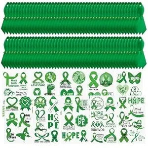 Wandic Green Ribbon Awareness Kit, 100pcs Ribbon Pins 10 Sheets Temporary Tattoo For Mental Health For Public Benefit Activities