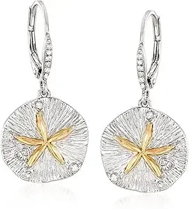 Ross-Simons Sterling Silver And 14kt Gold Sand Dollar Drop Earrings With .10 Ct. T.W. Diamonds