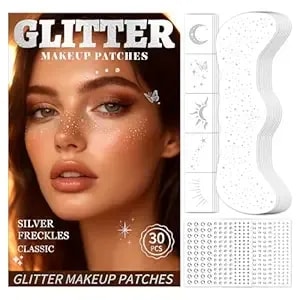 30pcs Glitter Freckles Face Tattoos & Face Gems Set, Classic Silver Glitter Temporary Tattoos For Makeup Patches, Fake Freckles Face Glitter For Women’S Rave Outfits & Accessories