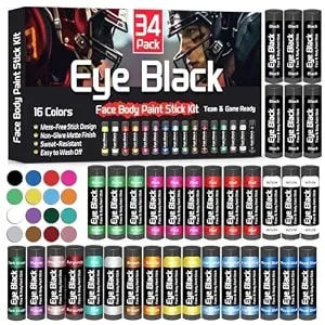 Eye Black Stick 34 Pack, 16 Colors For Football, Baseball & Softball - Retractable Anti-Glare Sports Face Paint Sticks For Athletes, Fans, Game Day, Pep Rallies, Costumes And Team Spirit